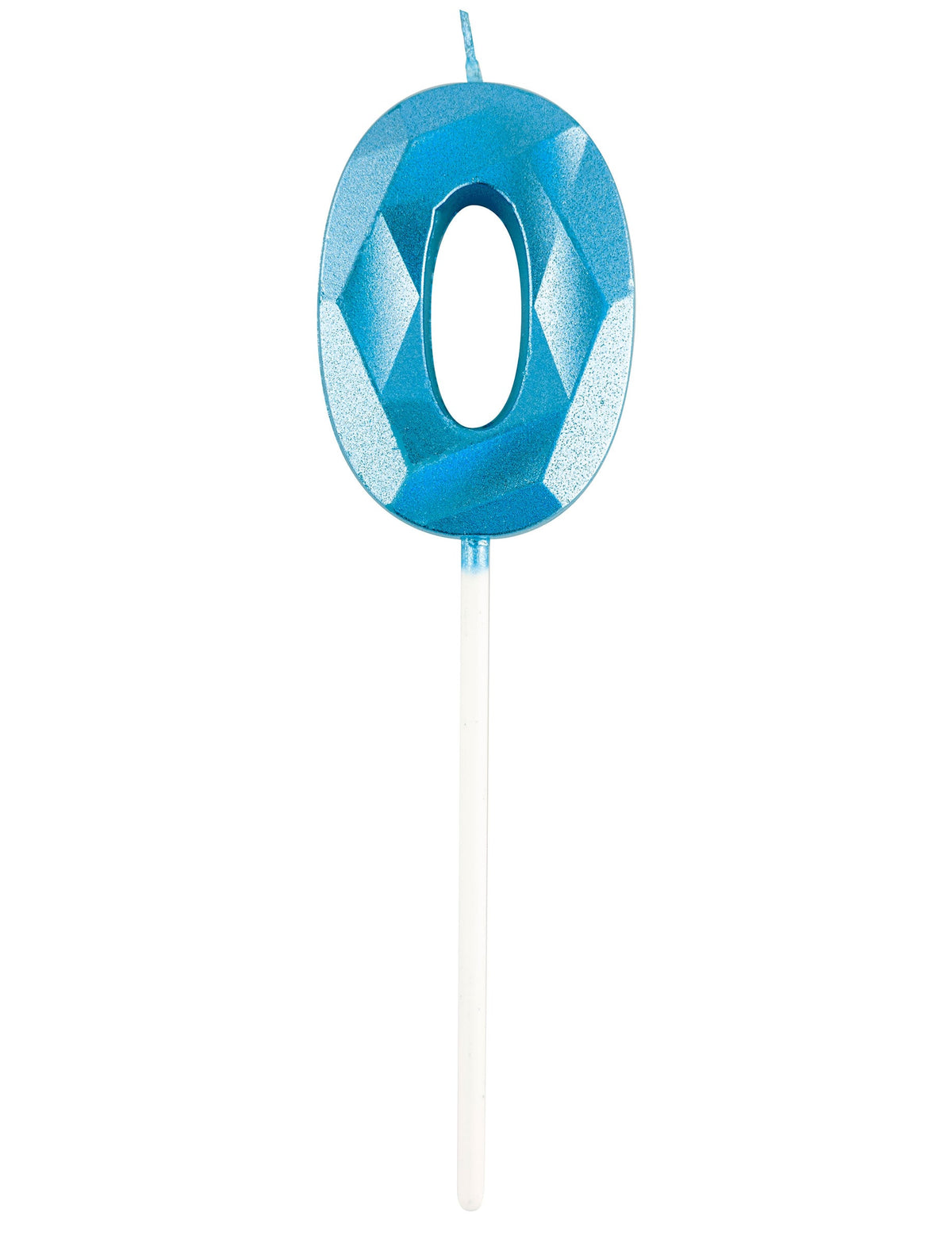 Vue de face du chiffre 0 de la bougie chiffre pour anniversaire bleue effet diamant