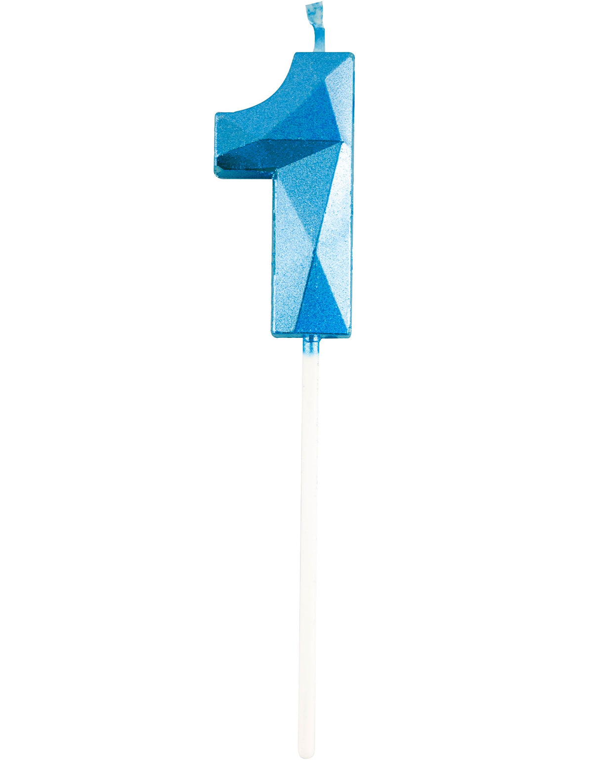 Vue de face du chiffre 1 de la bougie chiffre pour anniversaire bleue effet diamant
