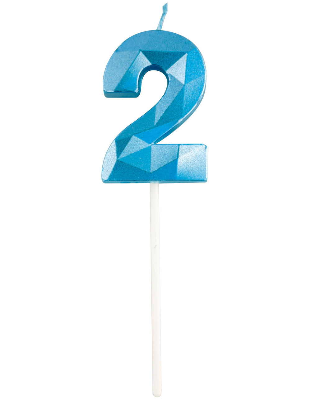 Vue de face du chiffre 2 de la bougie chiffre pour anniversaire bleue effet diamant