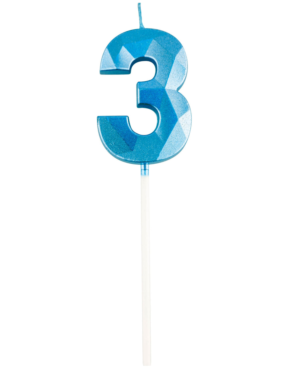 Vue de face du chiffre 3 de la bougie chiffre pour anniversaire bleue effet diamant