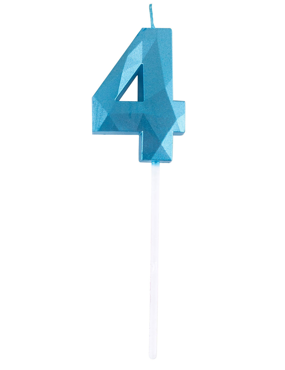 Vue de face du chiffre 4 de la bougie chiffre pour anniversaire bleue effet diamant