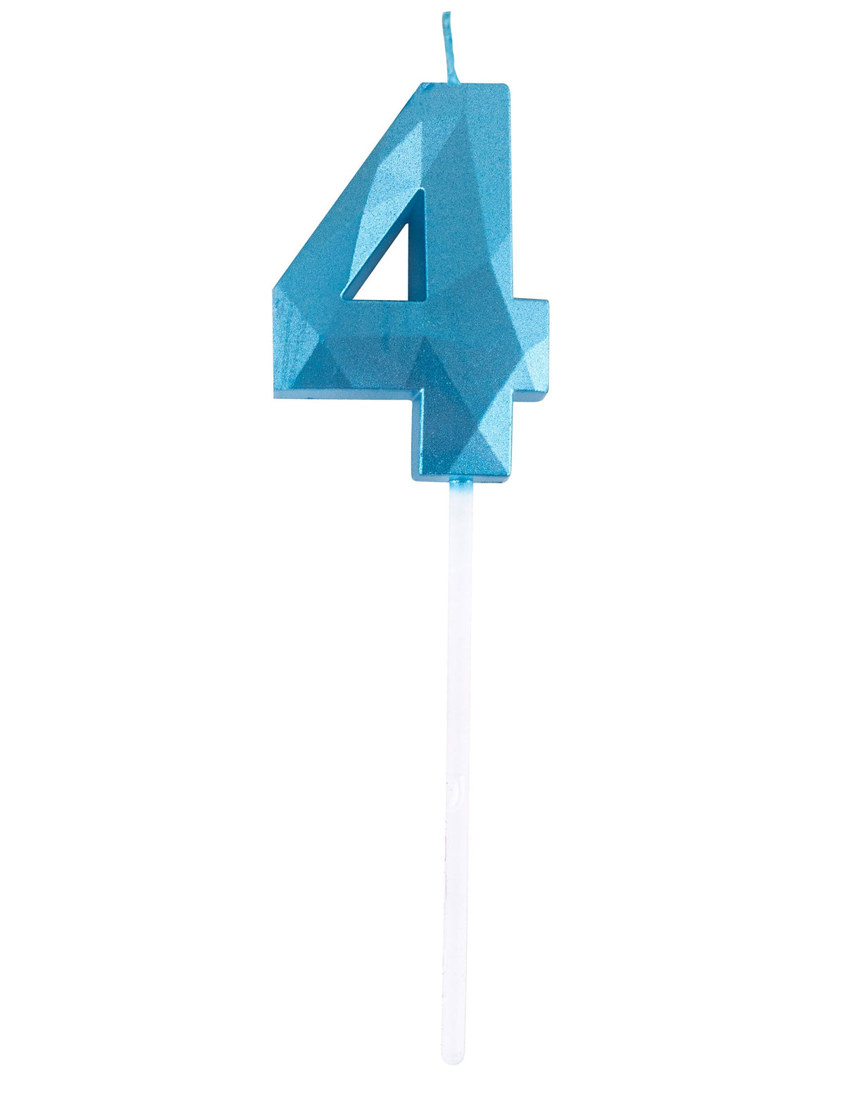 Vue de face du chiffre 4 de la bougie chiffre pour anniversaire bleue effet diamant