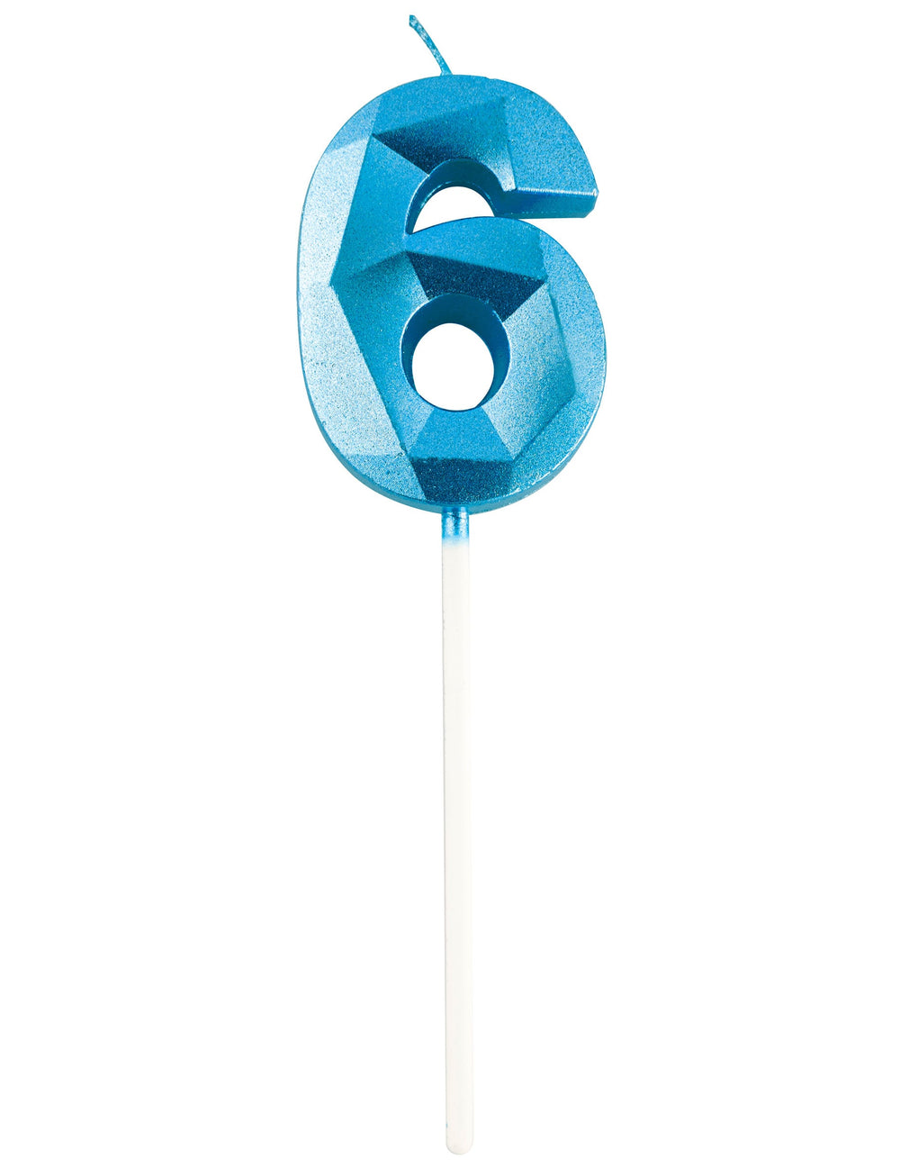 Vue de face du chiffre 6 de la bougie chiffre pour anniversaire bleue effet diamant