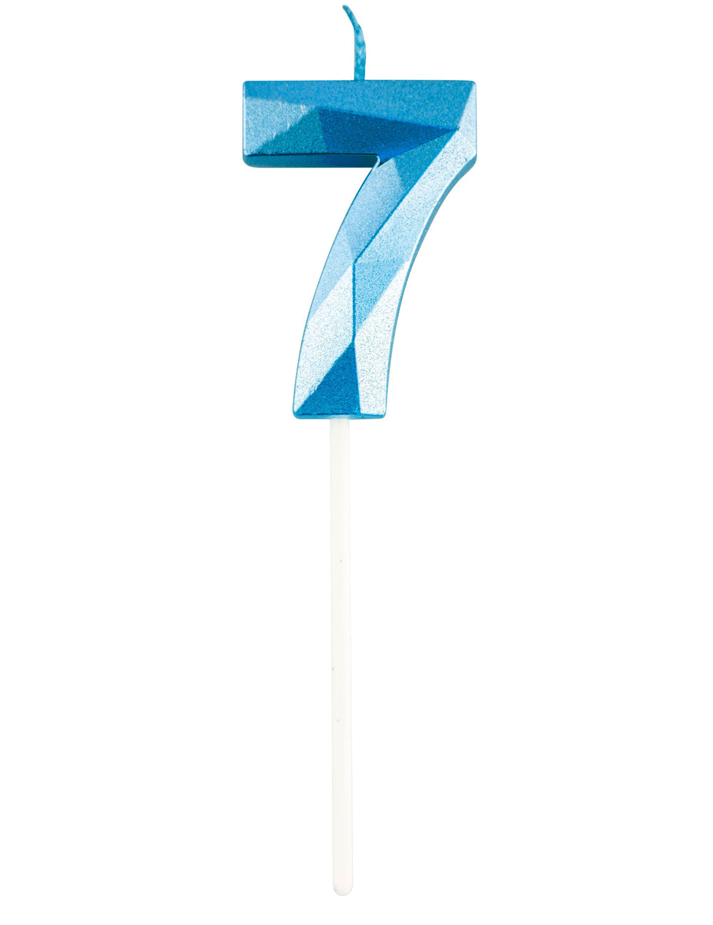 Vue de face du chiffre 7 de la bougie chiffre pour anniversaire bleue effet diamant