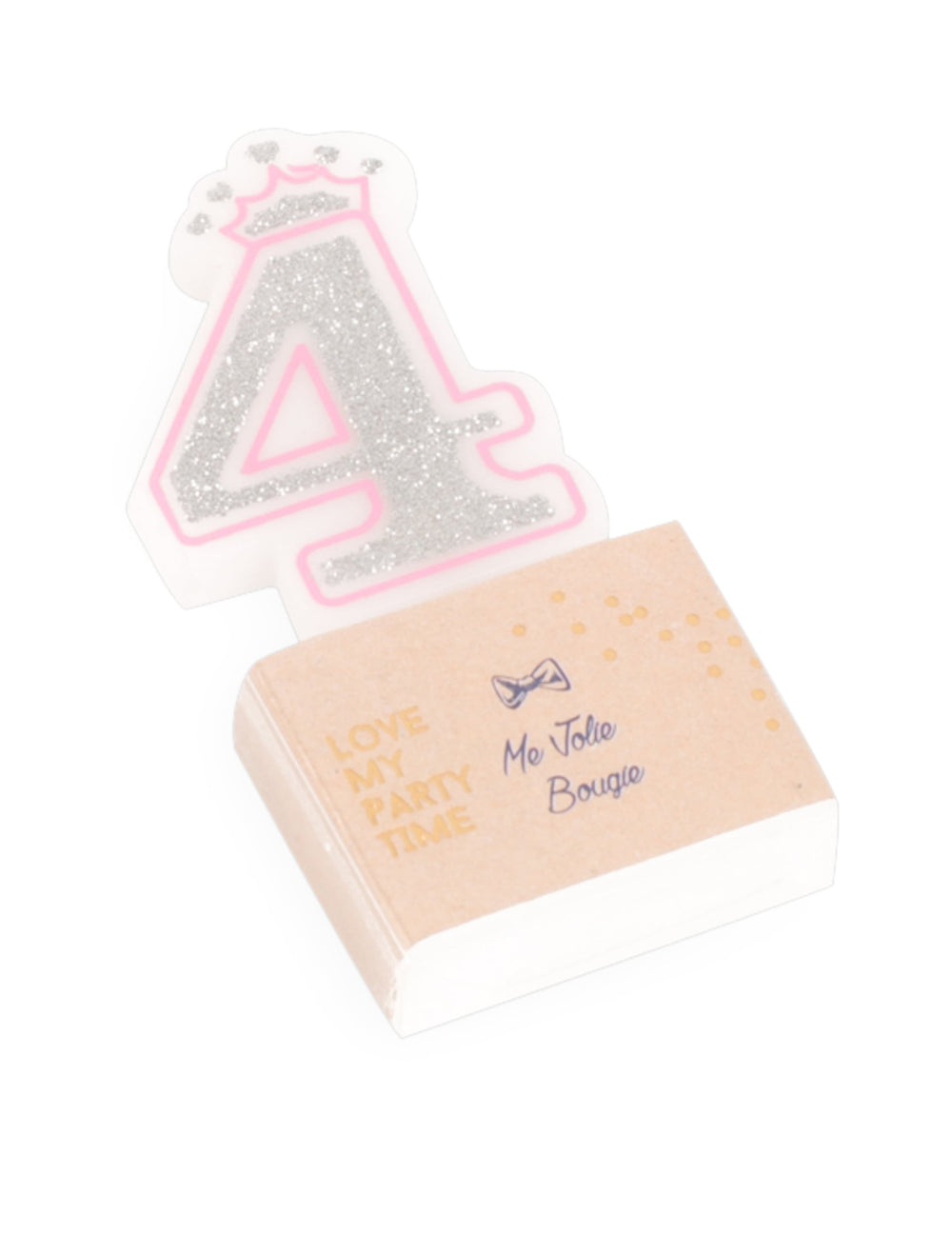 Bougie d'anniversaire chiffre 4 princesse pour enfant argentée à paillettes et rose