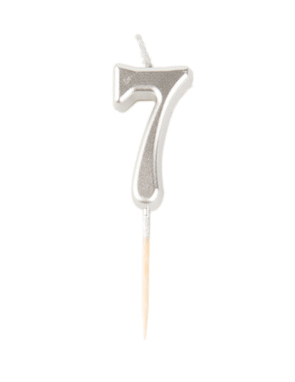 Bougie d'anniversaire chiffre 7 argenté métallisé avec pic