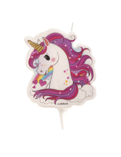 Bougie d'anniversaire licorne magique blanche et rose avec arc-en-ciel