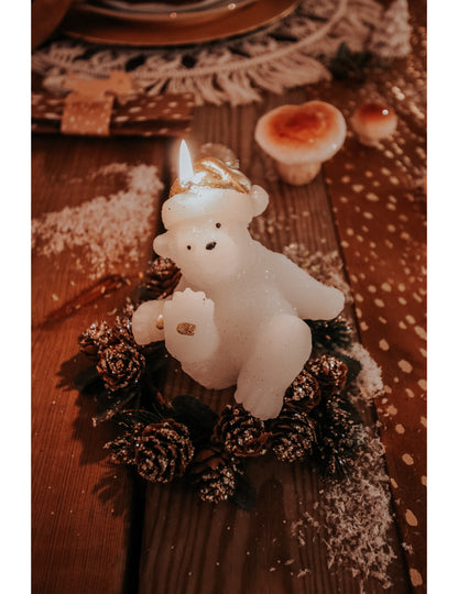 Biela a zlatá sviečka s medvedíkom 10 cm Vianoce