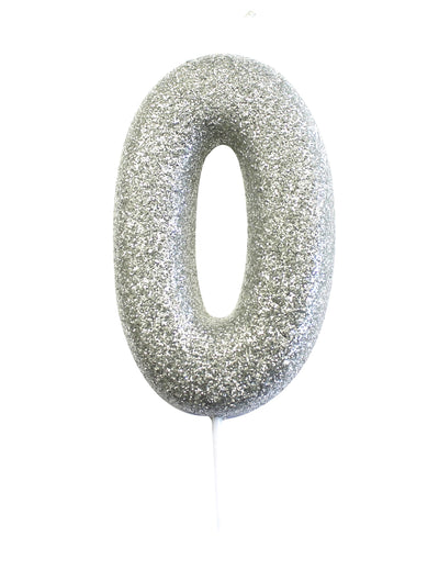 Bougie sur pique chiffre 0 pour gâteau argent pailleté