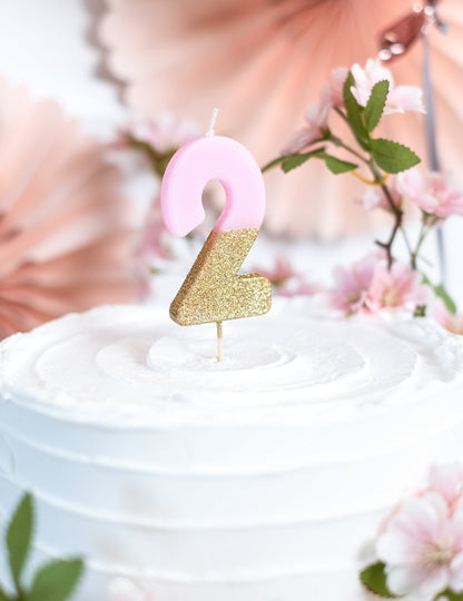 Ružovo-zlatá trblietavá sviečka na paličke číslo 2, 13,8 cm na tortu
