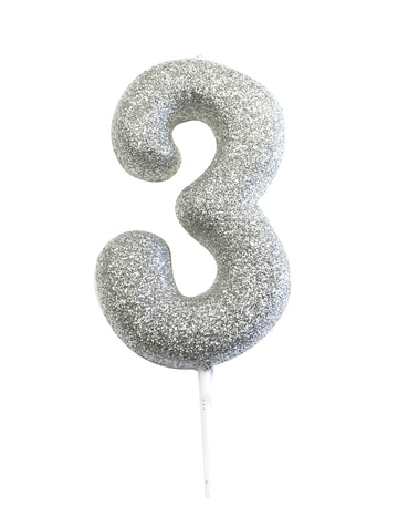 Strieborná trblietavá sviečka na paličke s číslom 3 7 cm na narodeniny