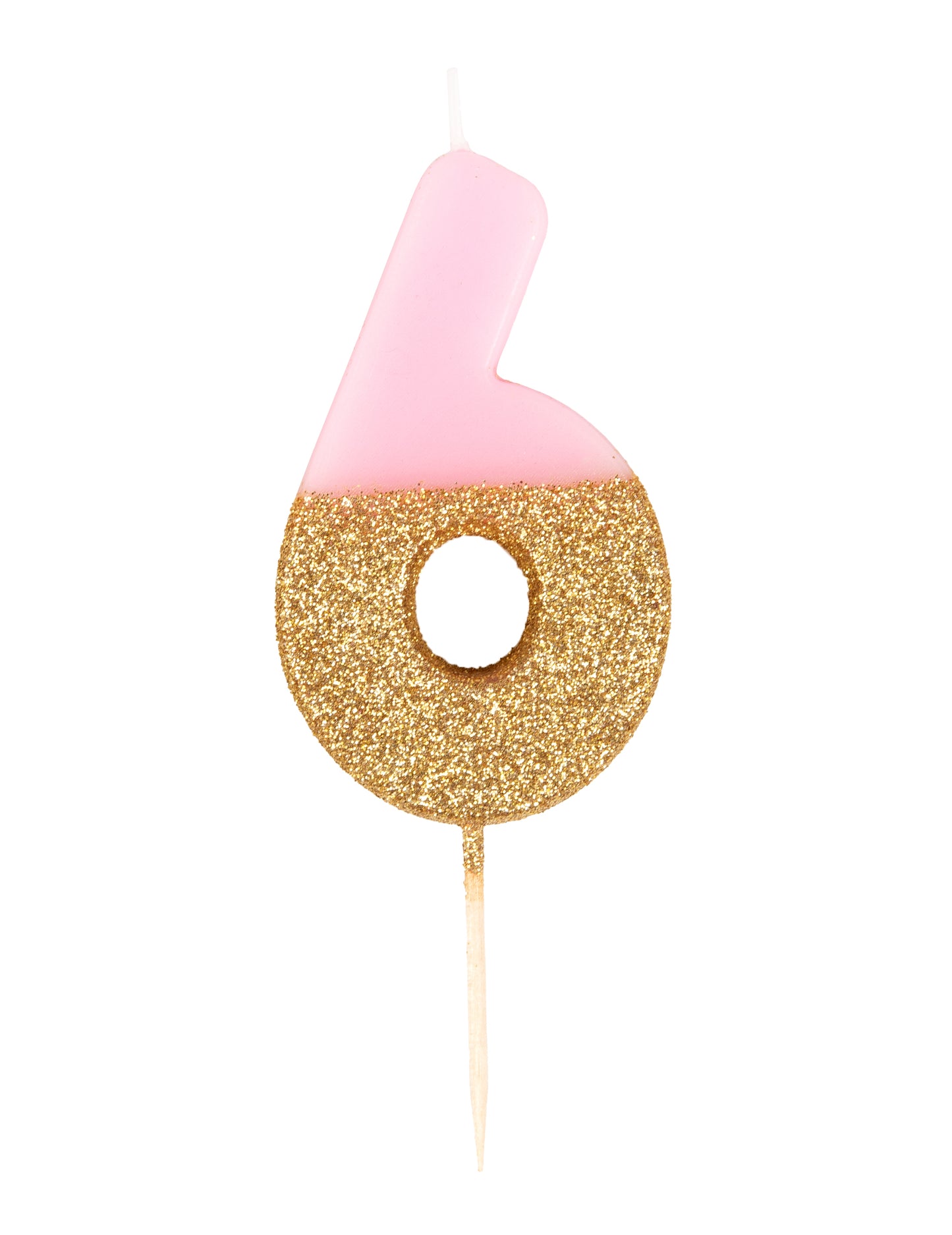 Trblietavá sviečka číslo 6 ružovo-zlatá na paličke, 13,8 cm na tortu