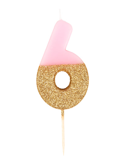 Trblietavá sviečka číslo 6 ružovo-zlatá na paličke, 13,8 cm na tortu