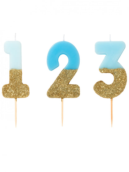 Sviečka na paličke s modrými a zlatými trblietkami, čísla 13,8 cm na tortu