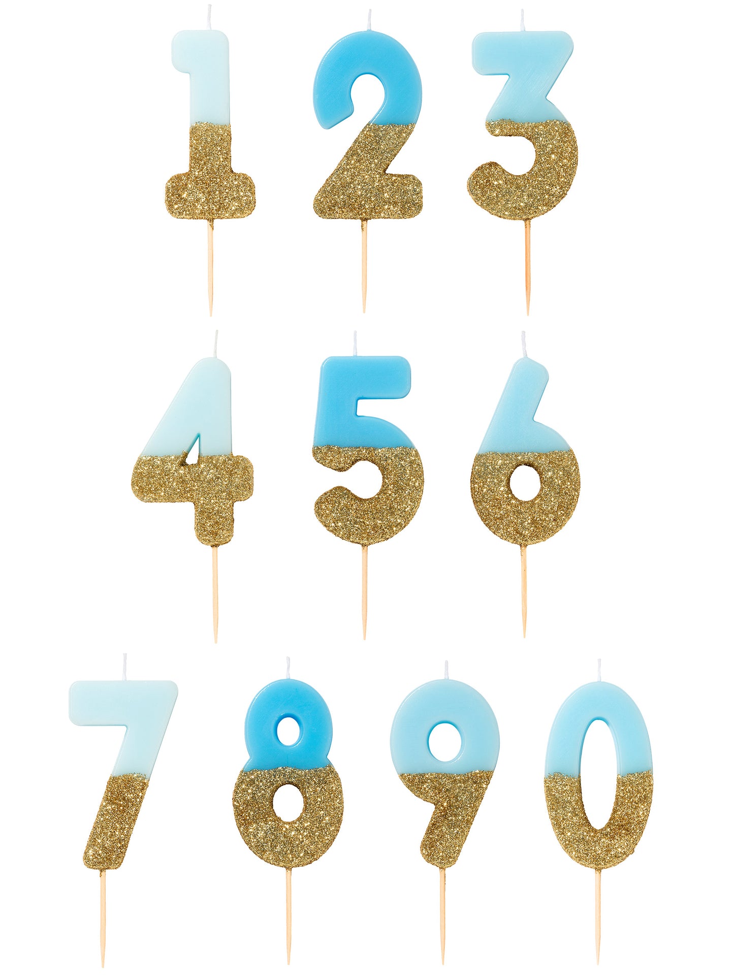 Sviečka na paličke s modrými a zlatými trblietkami, čísla 13,8 cm na tortu
