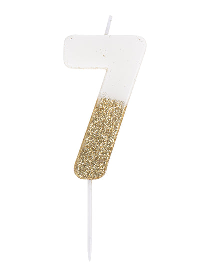 Biela a zlatá trblietavá sviečka s číslom 7 na paličke cm na narodeniny