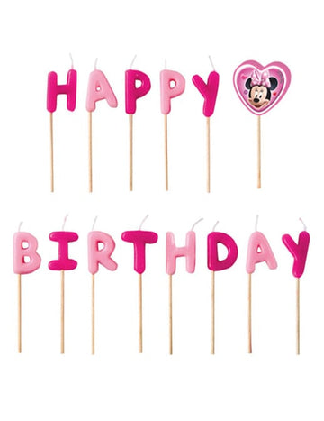 Ružové a fuchsiové Happy Birthday Minnie sviečky pre deti