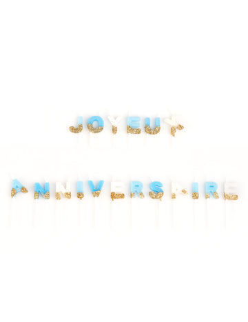 Sviečky k narodeninám, biele, modré a zlaté trblietky, 4.3 cm na vrchole