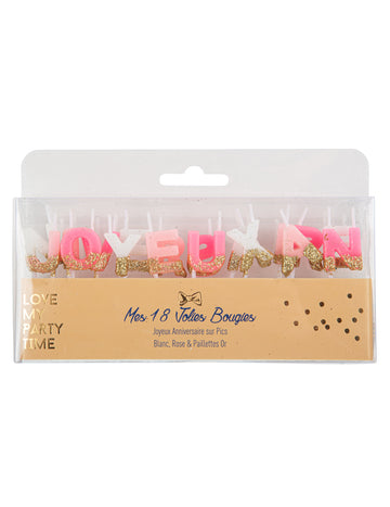 Sviečky k narodeninám, biele, ružové a zlaté trblietky, 4.3 cm na vrchole