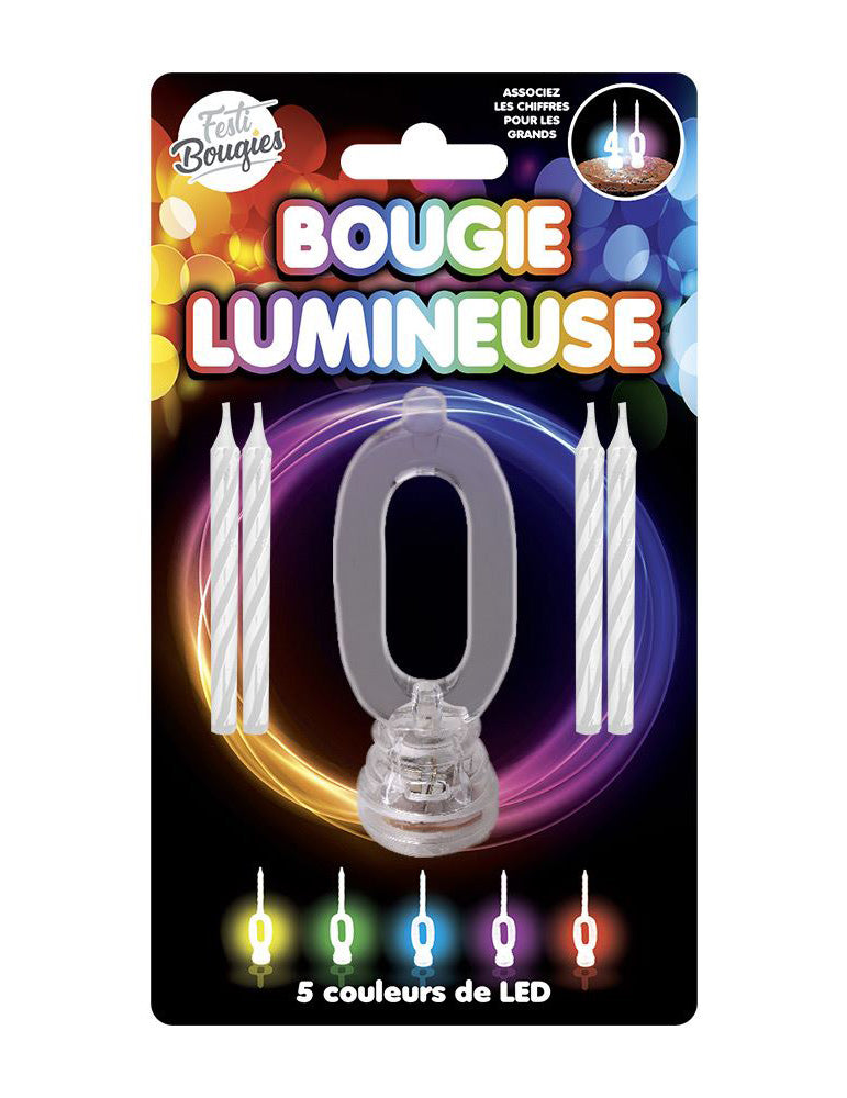 Bougie lumineuse LED chiffre 0 pour anniversaire à 5 couleurs changeantes