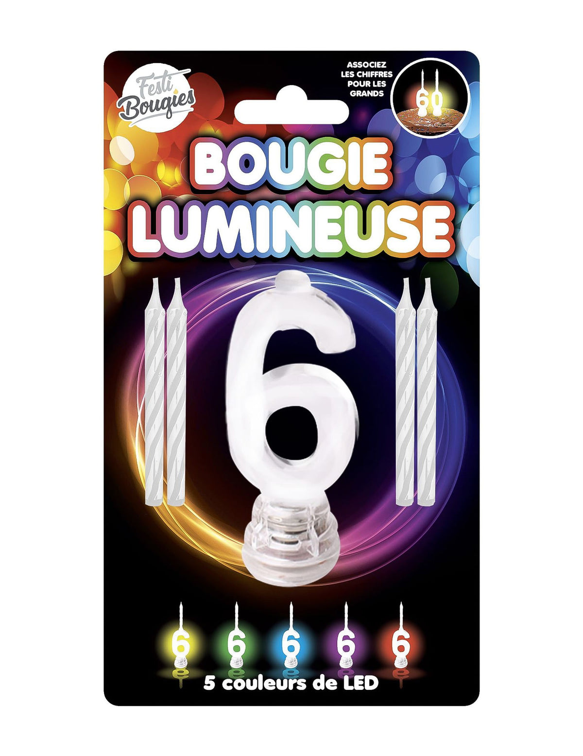 Bougie lumineuse LED chiffre 6 pour fête multicolore avec 5 variations de LED