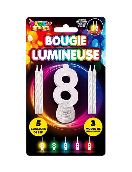 Bougie lumineuse LED chiffre 8 pour anniversaire multicolore à 5 couleurs changeantes