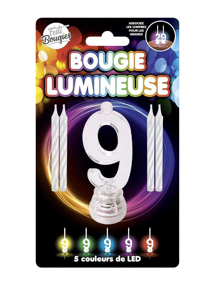 Bougie lumineuse LED chiffre 9 pour anniversaire avec 5 couleurs de LED