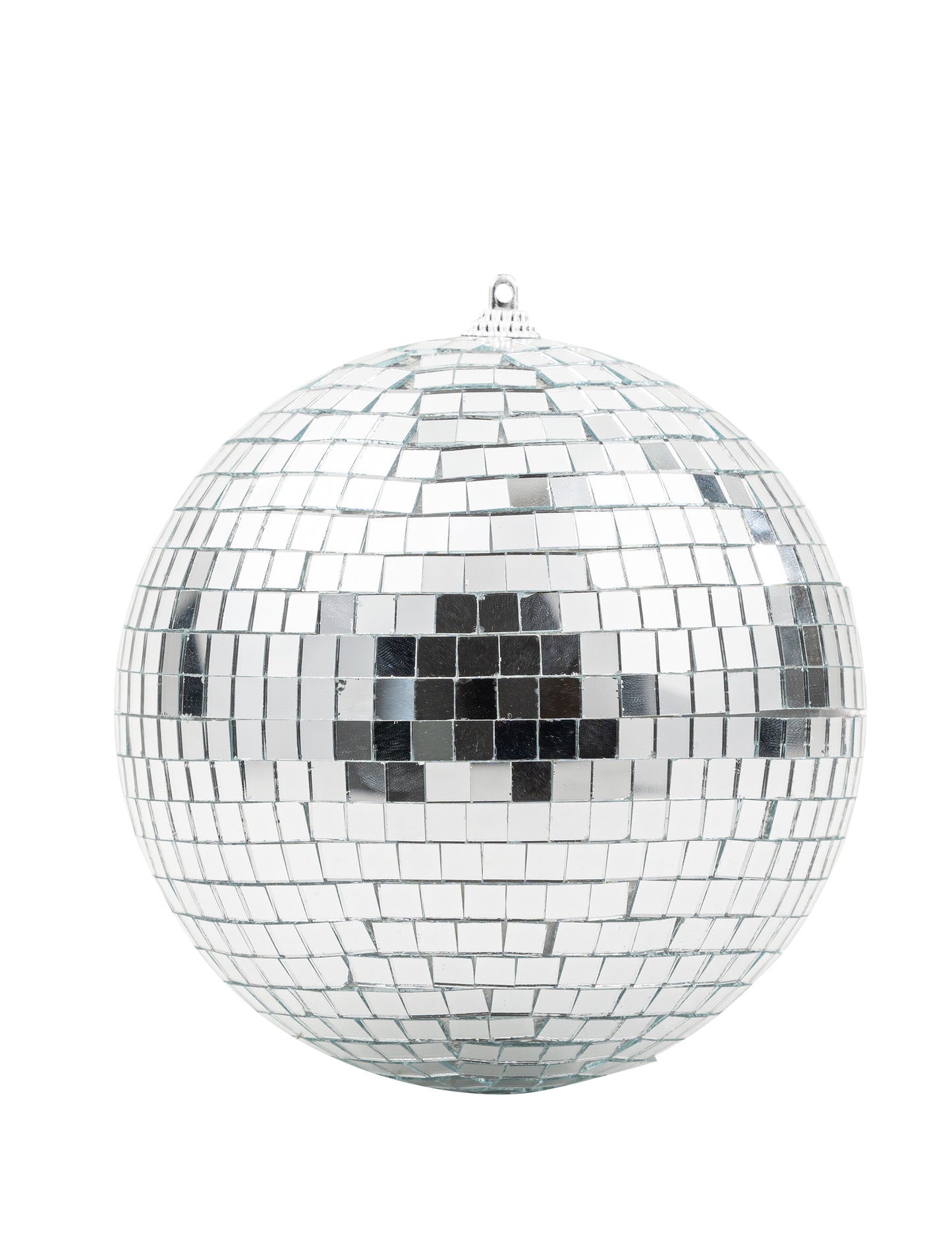 Závesná zrkadlová sklenená disko guľa, strieborná, 16 cm, stohovateľná, disko dekorácia