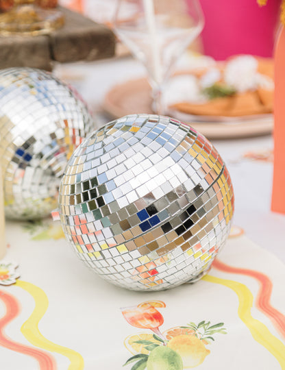 Závesná zrkadlová sklenená disko guľa, strieborná, 16 cm, stohovateľná, disko dekorácia