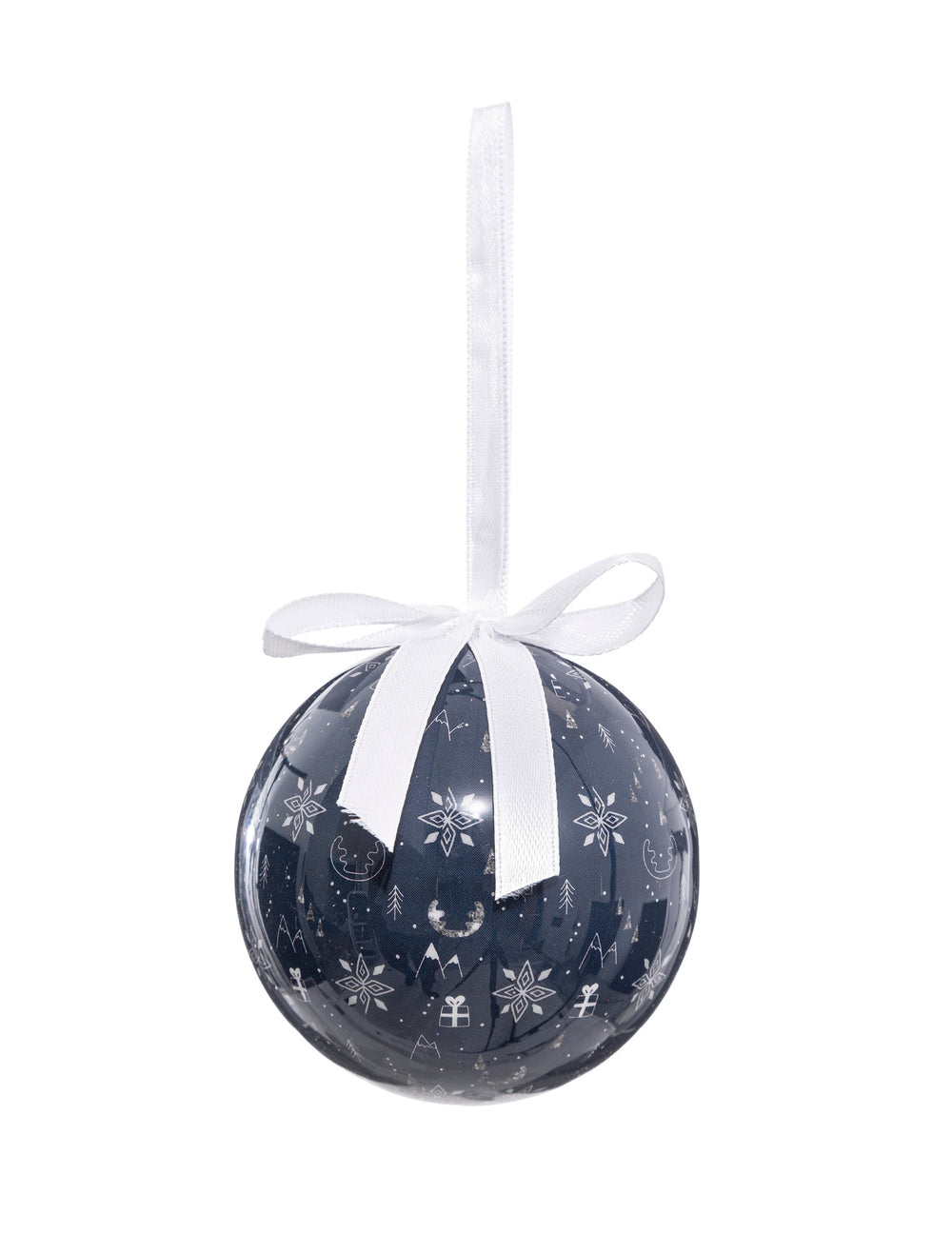 Boule de neige avec flocons pour sapin bleu avec ruban blanc