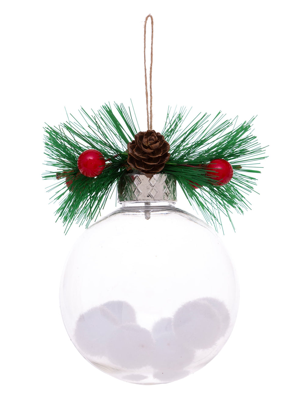 Vue de face de la boule de Noël naturelle avec neige et sapin