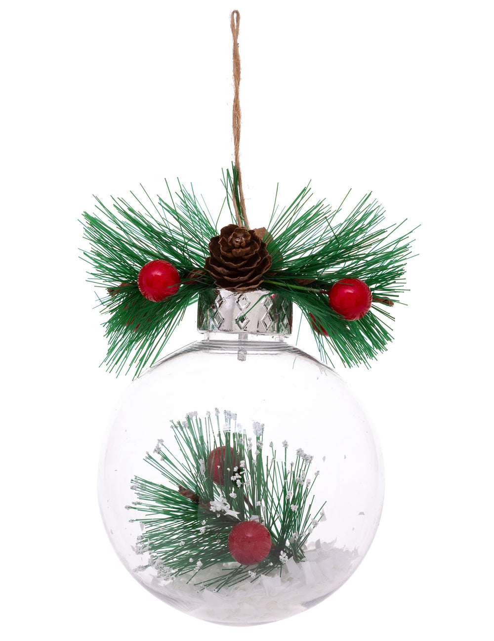 Boule de Noël naturelle avec neige et sapin transparente avec pomme de pin et baies rouges