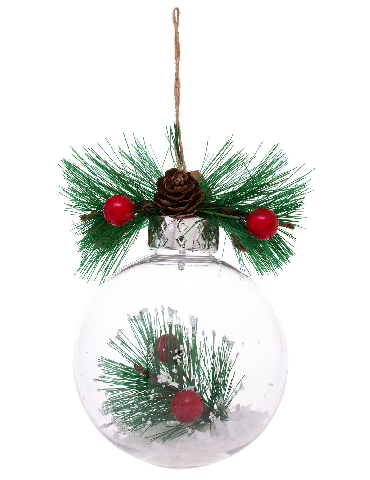Boule de Noël naturelle avec neige et sapin transparente avec pomme de pin et baies rouges
