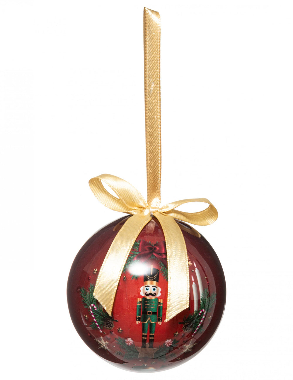 Boule de noël soldat casse-noisette rouge avec ruban doré
