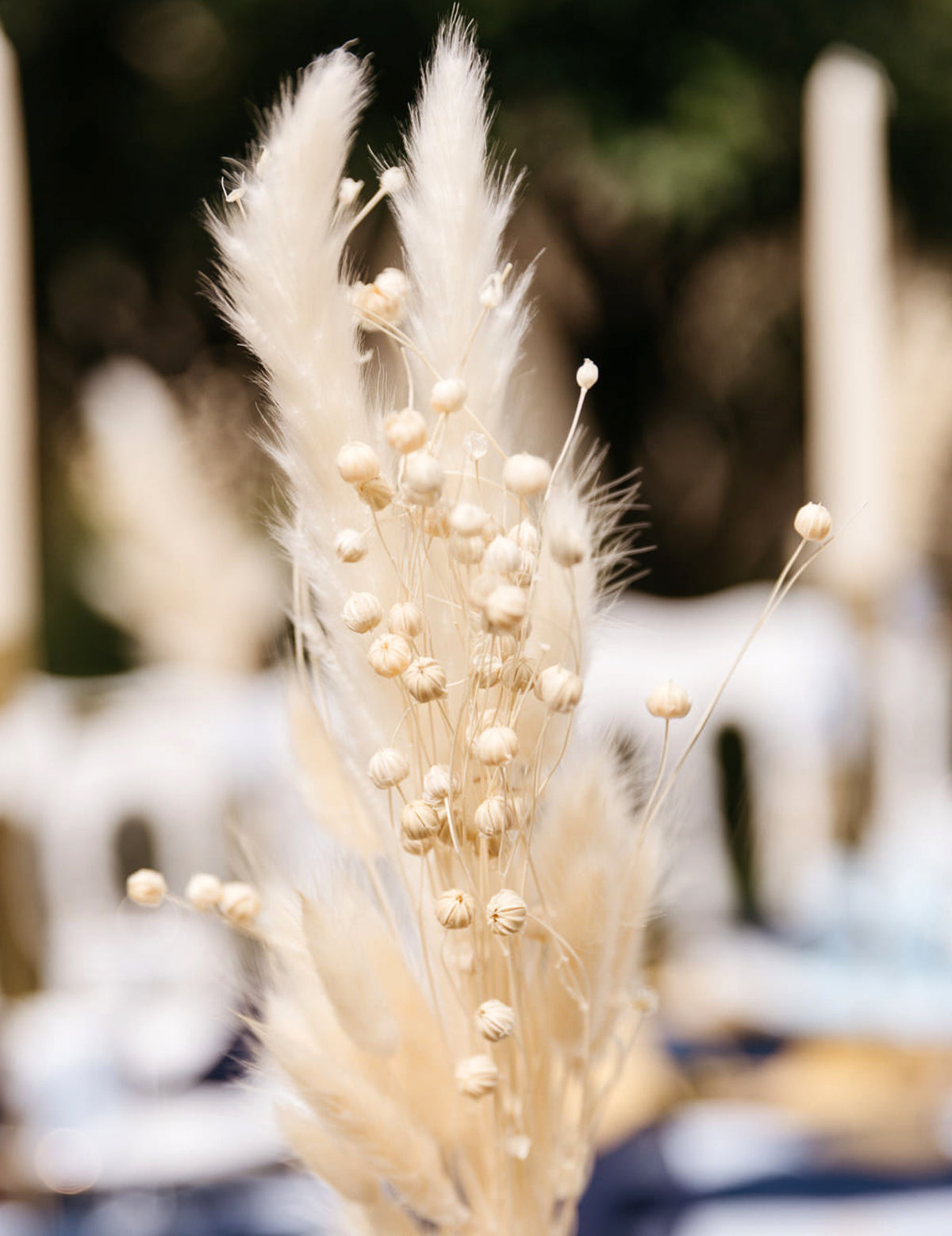 Gros plan sur les fleurs du bouquet de lin séché bohème