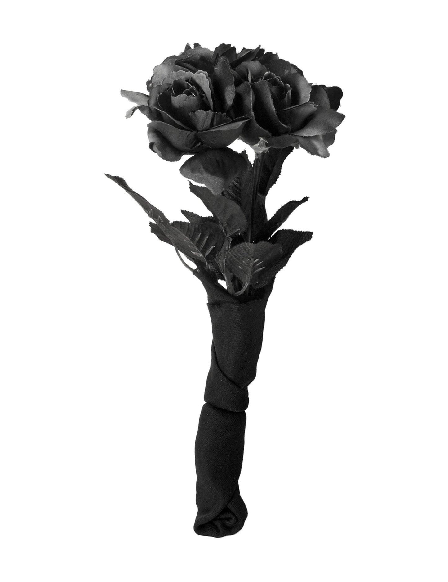 Detail stoniek zabalených v čiernej tkanine kytice čiernych ruží