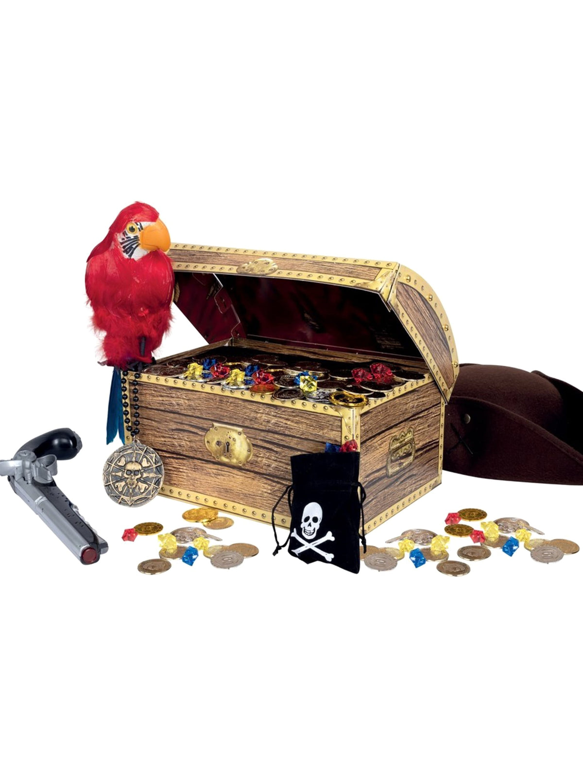 Mise en situation de la bourse de pirate avec fausses pierres précieuses dans un décor de trésor