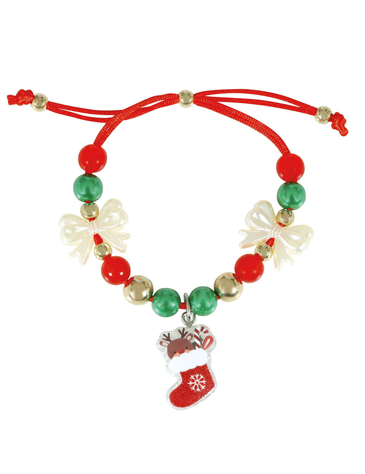 Bracelet chaussette de Noël rouge et vert avec perles et noeuds blancs