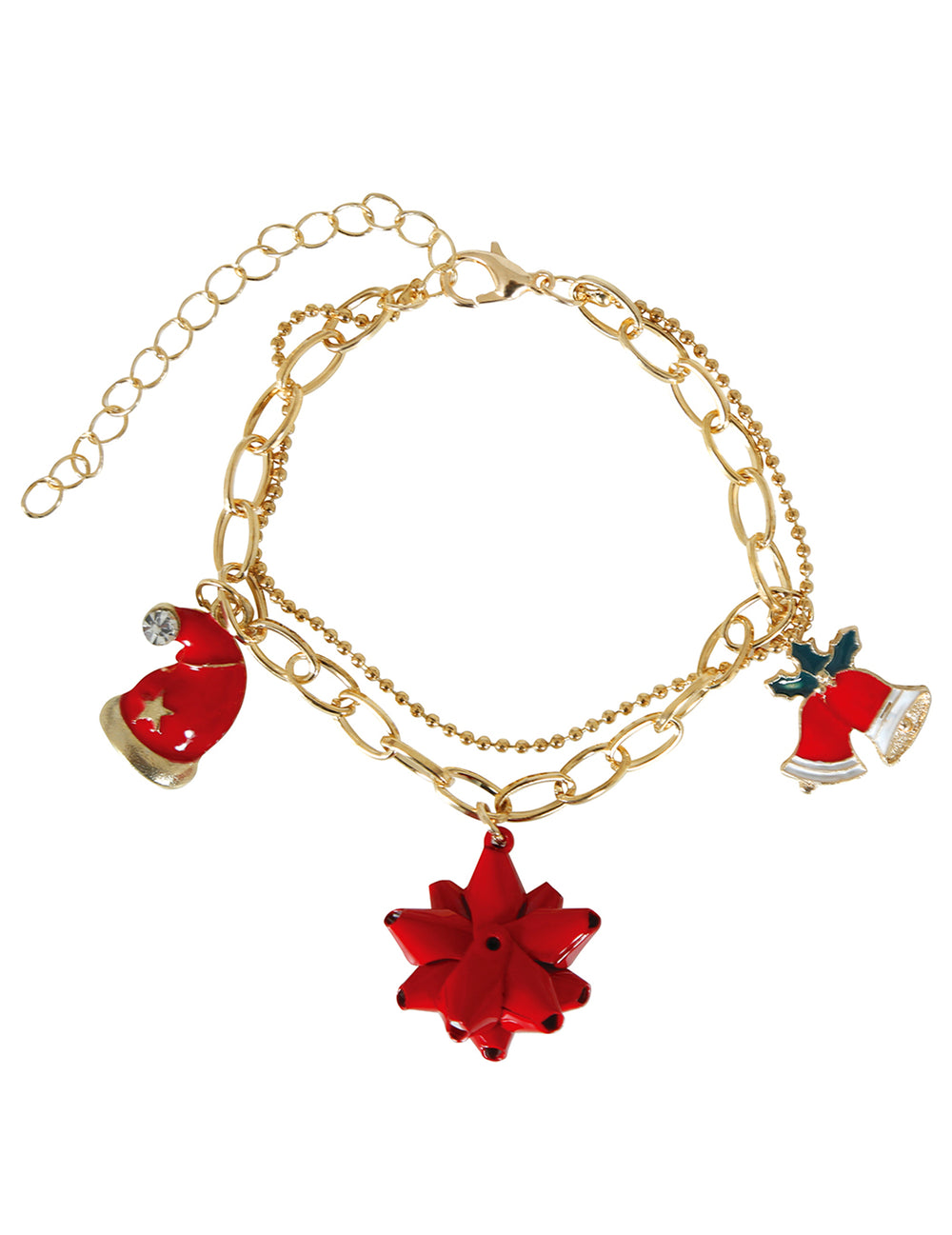 Bracelet métallique motifs de Noël pour femme doré avec breloques rouges