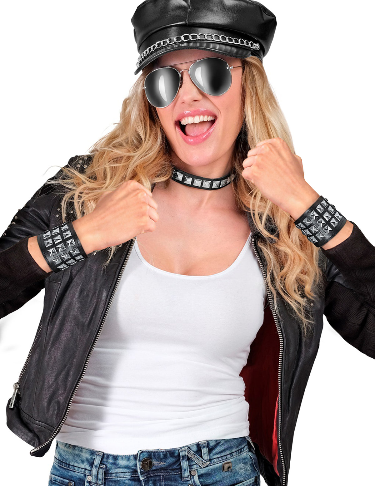 Bracelet motard pour femme noir à clous argentés