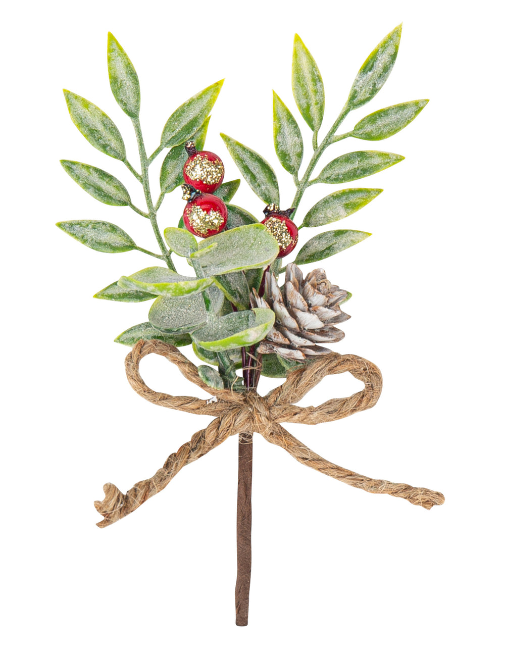 Branche de feuilles pomme de pin et baies rouges décorative de Noël avec nœud en jute