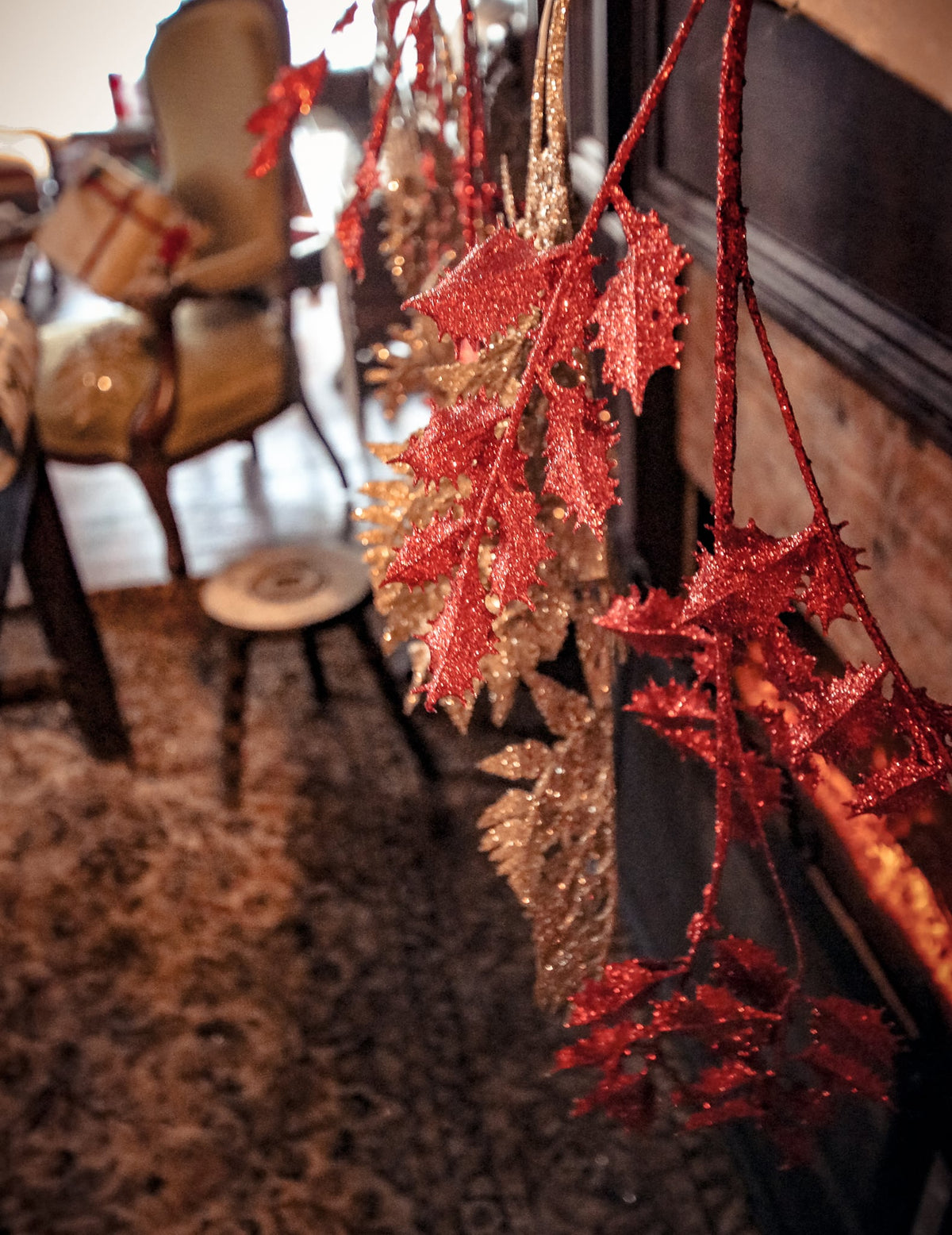 Gros plan sur les feuilles à paillettes de la branche de houx Noël