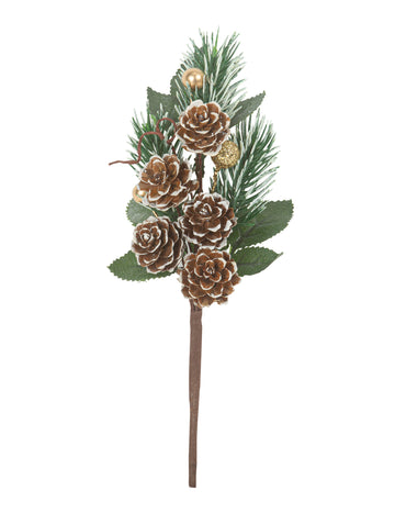 Jedľová vetvička, zasnežené šišky, zlaté trblietky 20 cm dekoratívne