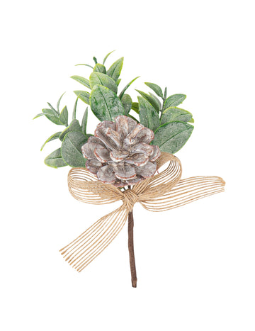 Konár z borovicovej šišky a jutová stuha 14 cm matný eukalyptus