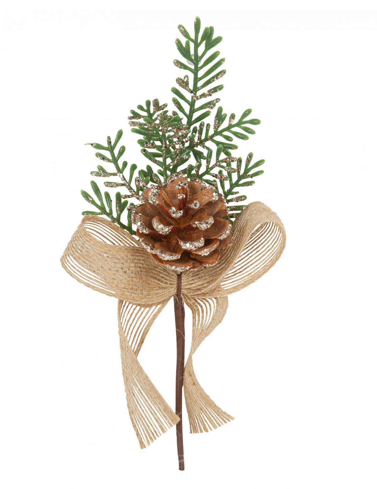 Branche décorative de Noël avec pomme de pin et ruban en jute à paillettes dorées