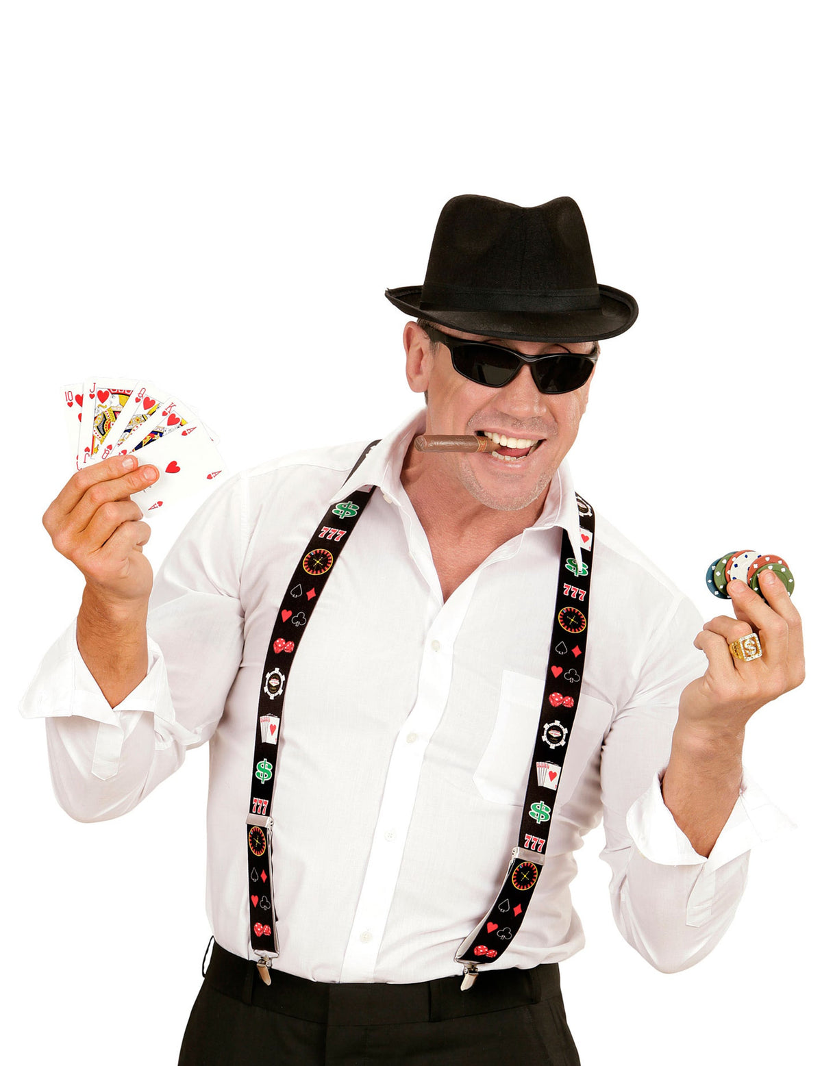 Bretelles joueur de poker pour adulte noires avec motifs de casino