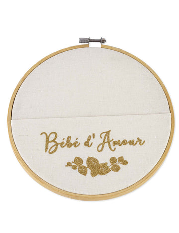 Drevený a ľanový rámček Baby Love s vreckami 19 cm trblietavé zlato