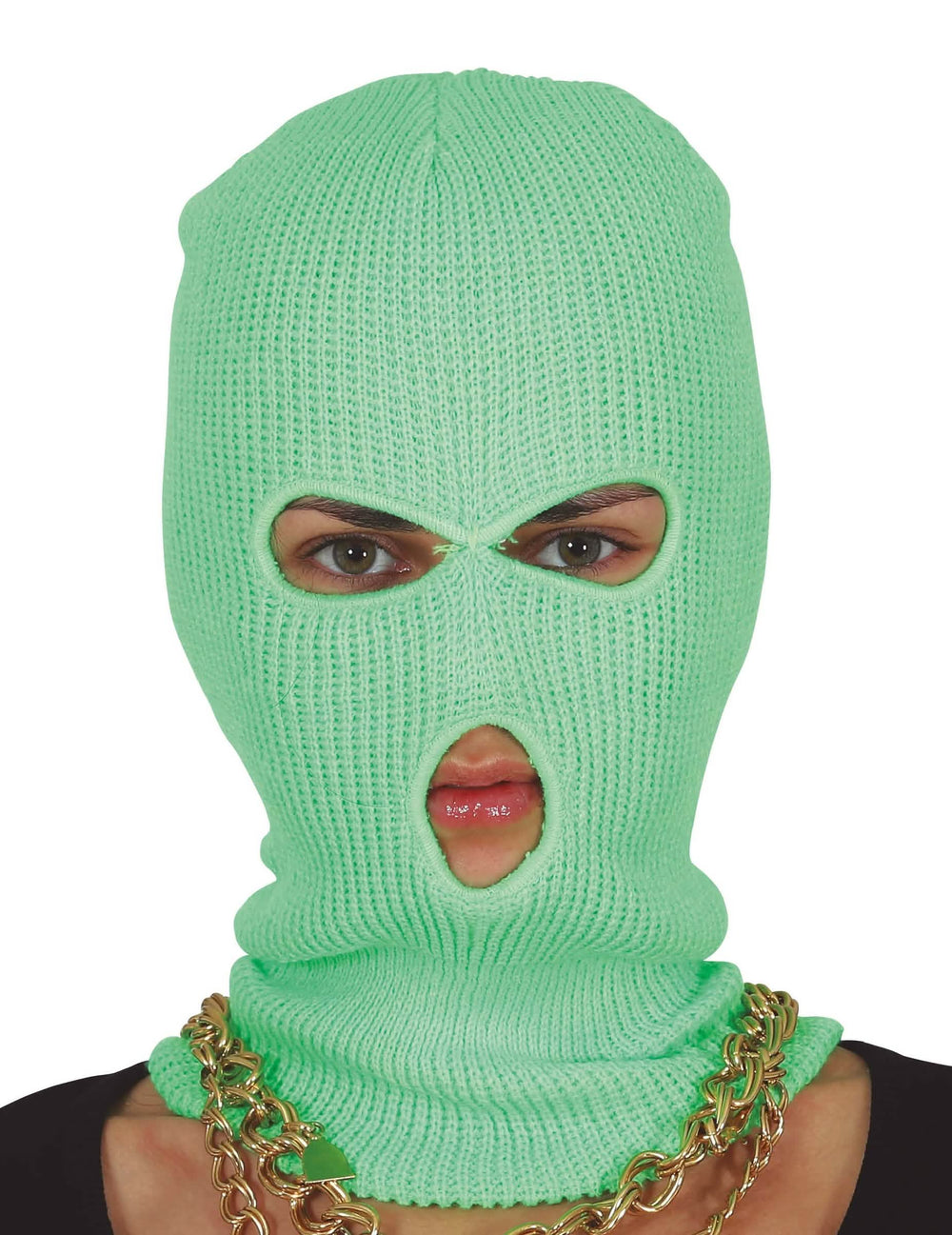 Gros plan sur les ouvertures de la cagoule néon vert pour adulte
