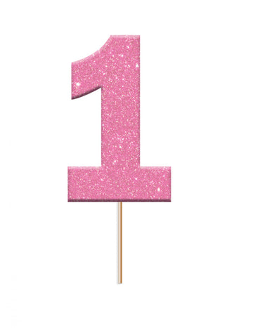 12 plastových ozdôb na tortu, číslo 1, ružové trblietky, s vyberateľnou ozdobou