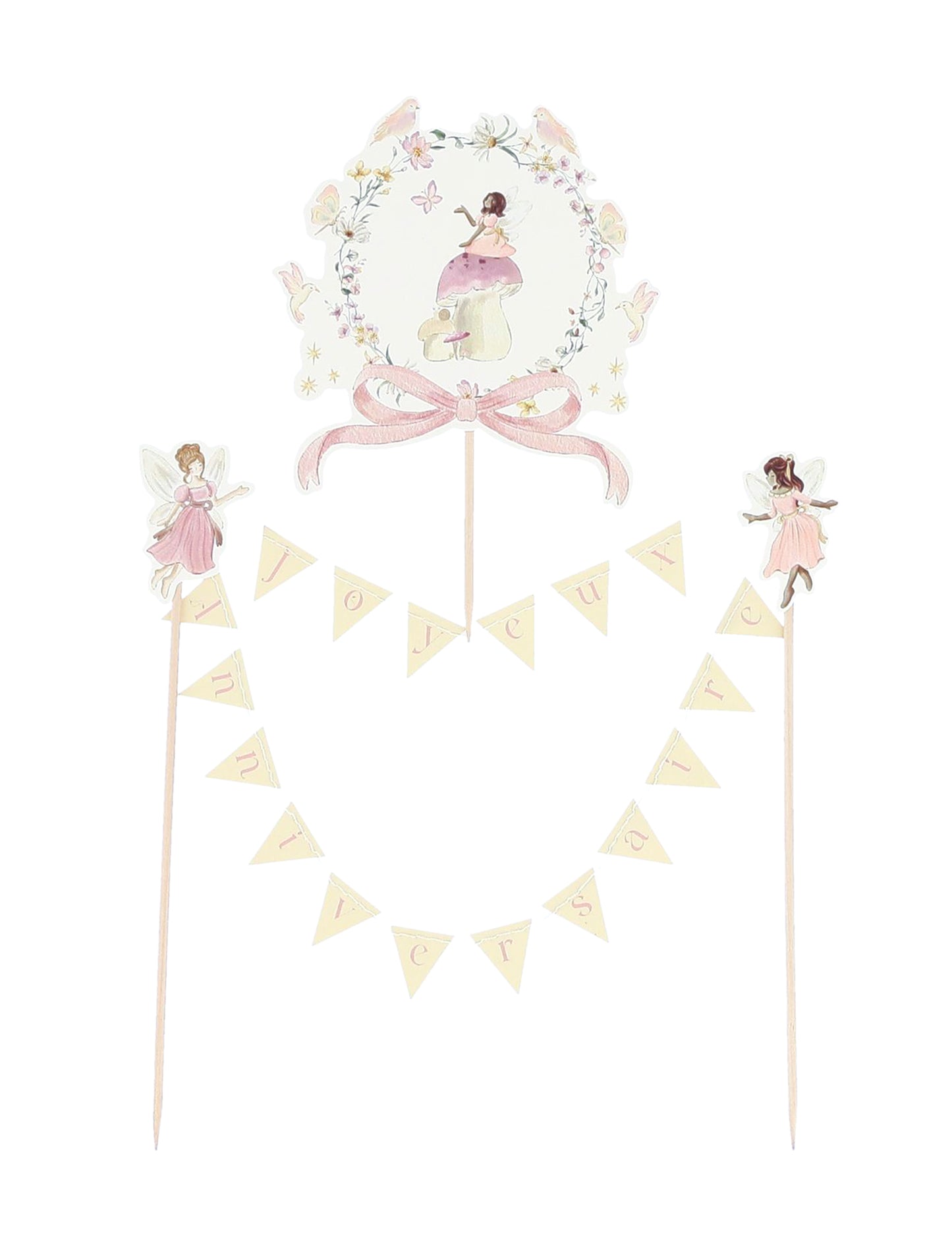 Ozdoba na tortu s medailónom - víla, všetko najlepšie k narodeninám, 12 cm pastel a kvety